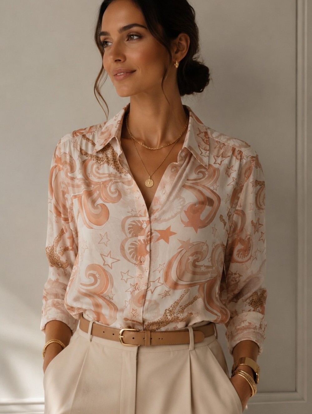 Las Sureñas Balloon Shirt Leopard Star Print Viscose Blouse Large